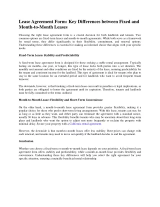 Lease Agreement Form Key Differences between Fixed and Month-to-Month Leases