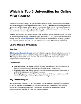 Which is Top 5 Universities for Online MBA Course