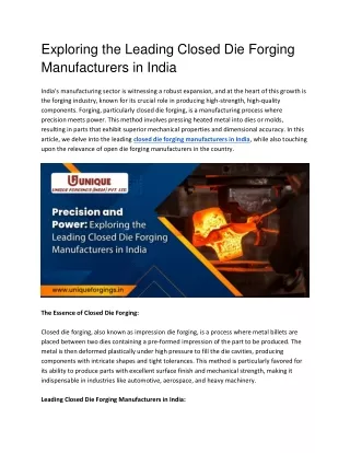 Exploring the Leading Closed Die Forging Manufacturers in India