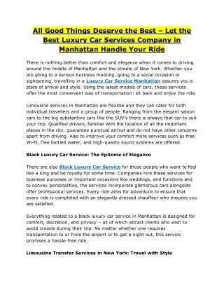 All Good Things Deserve the Best – Let the Best Luxury Car Services Company in Manhattan Handle Your Ride