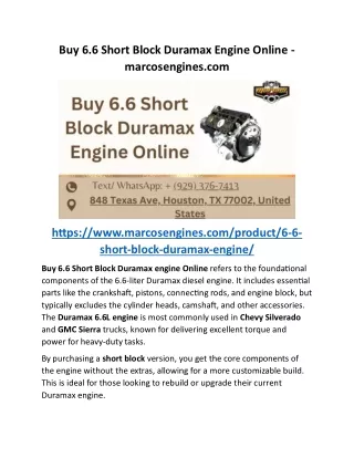 Buy 6.6 Short Block Duramax Engine Online - marcosengines.com