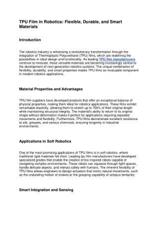 TPU Film in Robotics: Flexible, Durable, and Smart Materials