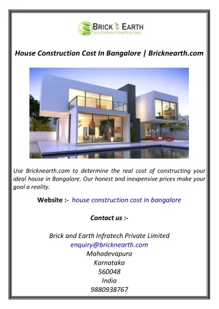 House Construction Cost In Bangalore  Bricknearth.com