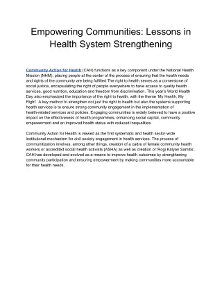 Empowering Communities: Lessons in Health System Strengthening