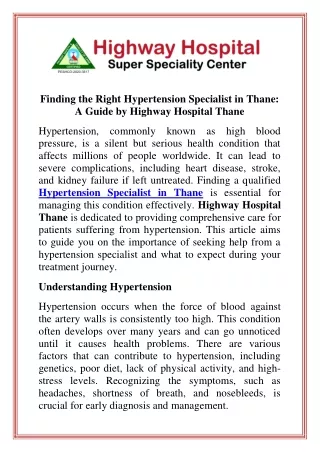 Finding the Right Hypertension Specialist in Thane A Guide by Highway Hospital Thane