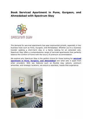 Book Serviced Apartment in Pune, Gurgaon, and Ahmedabad with Spectrum Stay
