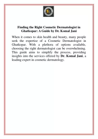 Finding the Right Cosmetic Dermatologist in Ghatkopar A Guide by Dr. Komal Jani