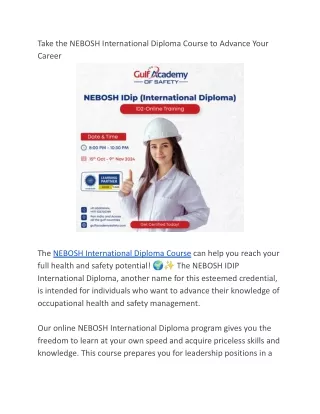 Take the NEBOSH International Diploma Course to Advance Your Career