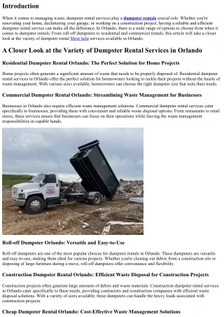A Closer Look at the Variety of Dumpster Rental Services in Orlando
