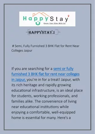 Semi, Fully Furnished 3 BHK Flat for Rent Near Colleges Jaipur