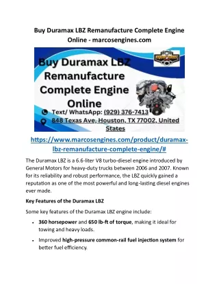 Buy Duramax LBZ Remanufacture Complete Engine Online - marcosengines.com