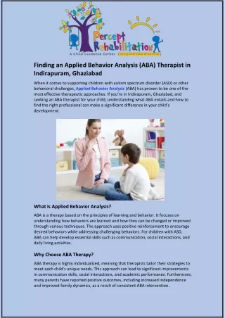 Finding an Applied Behavior Analysis (ABA) Therapist in Indirapuram, Ghaziabad