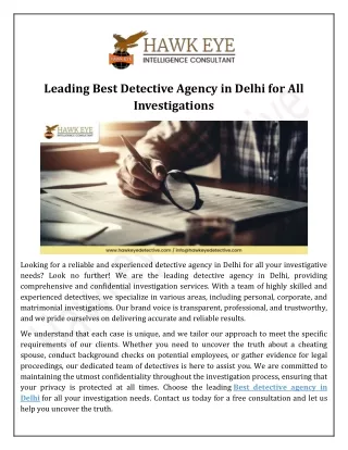 Leading Best Detective Agency in Delhi for All Investigations