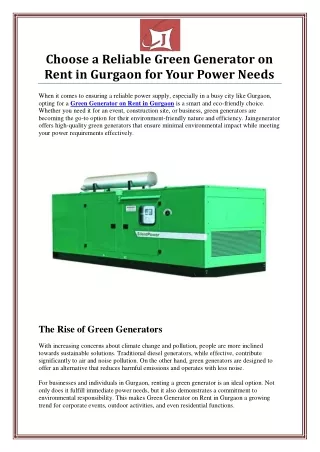 Green Generator on Rent in Gurgaon by Jaingenerator