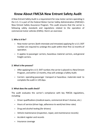 Know About FMCSA New Entrant Safety Audit