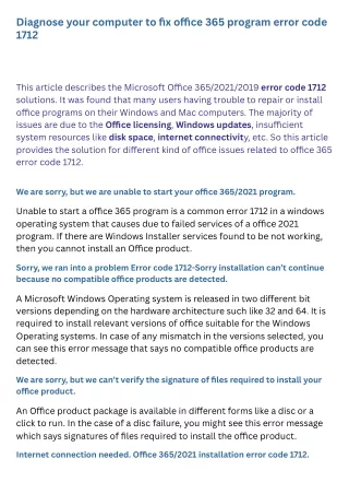 Diagnose your computer to fix office 365 program error code 1712:-