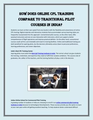 How Does Online CPL Training Compare to Traditional Pilot Courses in India