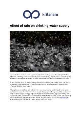 Affect of rain on drinking water supply_Kritsnam Technologies