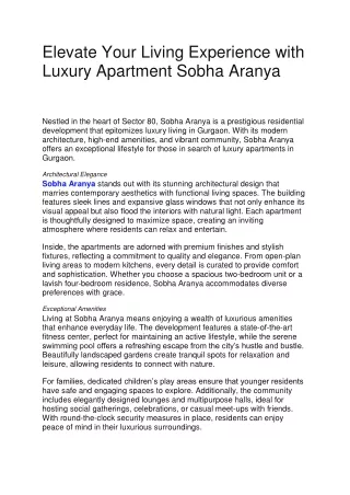 Elevate Your Living Experience with Luxury Apartment Sobha Aranya