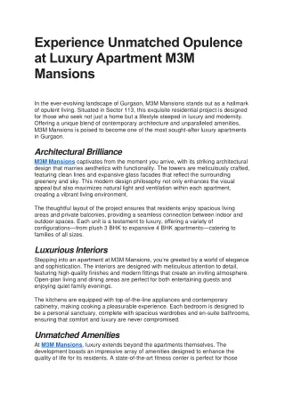 Experience Unmatched Opulence at Luxury Apartment M3M Mansions