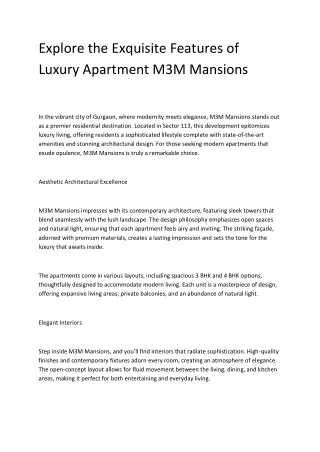 Explore the Exquisite Features of Luxury Apartment M3M Mansions