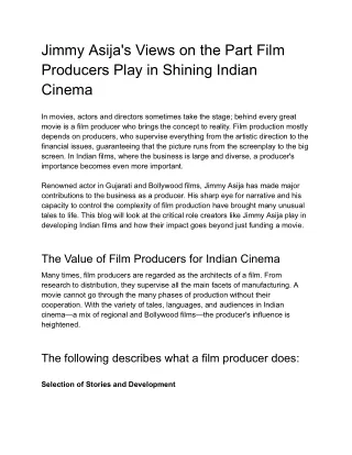 Jimmy Asija's Views on the Part Film Producers Play in Shining Indian Cinema