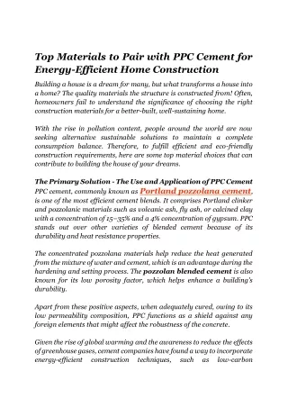 Top Materials to Pair with PPC Cement for Energy-Efficient Home Construction