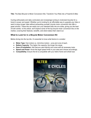 "Revolutionize Your Ride: A Complete Review of the Alter Motor Conversion Kit fo