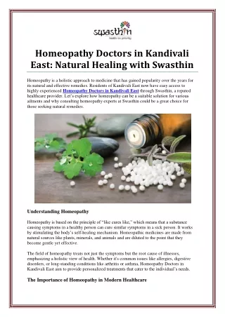 Experienced Homeopathy Doctors in Kandivali East - Swasthin