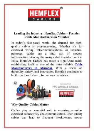 Leading the Industry Hemflex Cables  Premier Cable Manufacturers in Mumbai