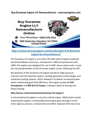 Buy Duramax Engine LLY Remanufacture Online - marcosengines.com