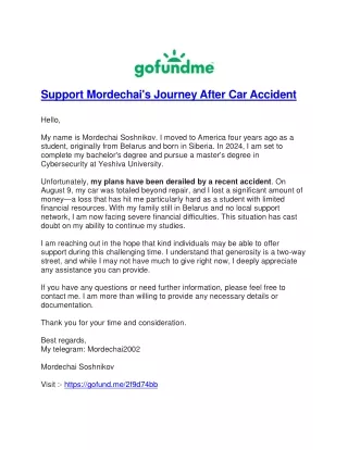 Support Mordechai’s Journey After Car Accident