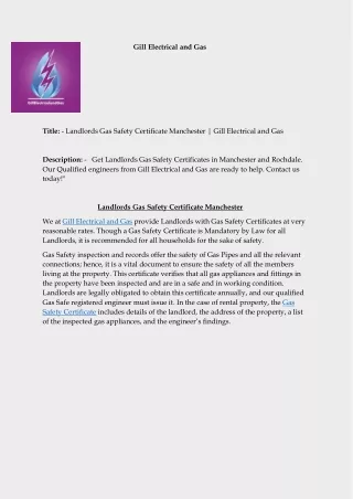 Landlords Gas Safety Certificate Manchester  Gill Electrical and Gas