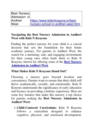 Navigating the Best Nursery Admission in Andheri West with Kids N Krayons