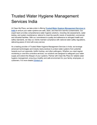 Trusted Water Hygiene Management Services India