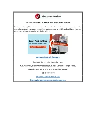 Packers and Mover in Bangalore  Vijay Home Services