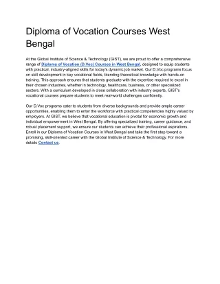 Diploma of Vocation Courses West Bengal