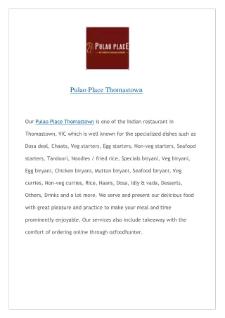 Pulao Place Thomastown - Menu| Thomastown - Order Now!