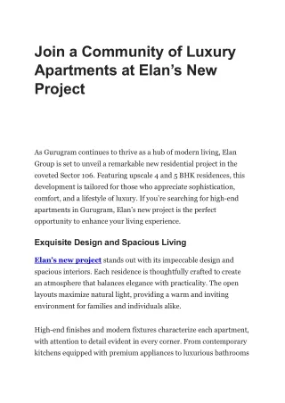 Join a Community of Luxury Apartments at Elan’s New Project