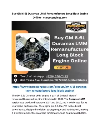 Buy GM 6.6L Duramax LMM Remanufacture Long Block Engine Online - marcosengines.c