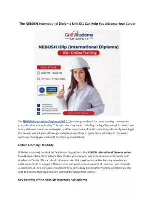 The NEBOSH International Diploma Unit DI1 Can Help You Advance Your Career