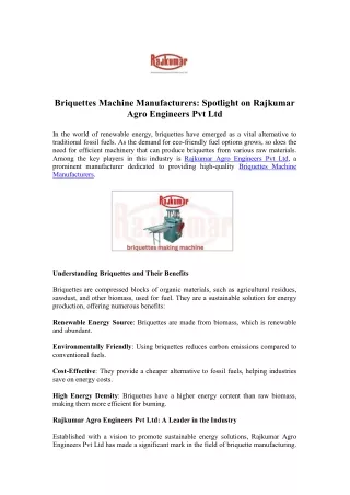 Discover Briquettes Machine Manufacturers - Rajkumar Agro Machines
