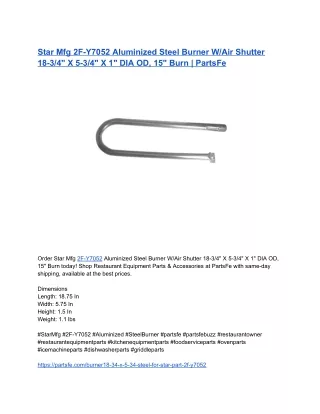 Star Mfg 2F-Y7052 Aluminized Steel Burner W_Air Shutter 18-3_4_ X 5-3_4_ X 1_ DIA OD, 15_ Burn _ PartsFe