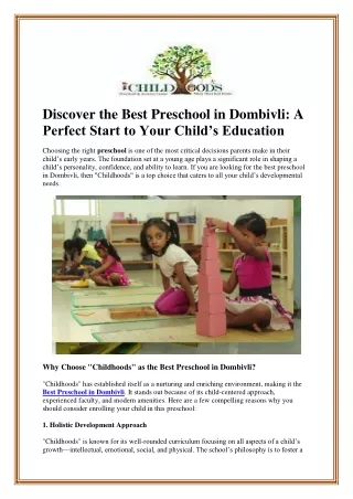 Discover the Best Preschool in Dombivli: A Perfect Start to Your Child’s Educati