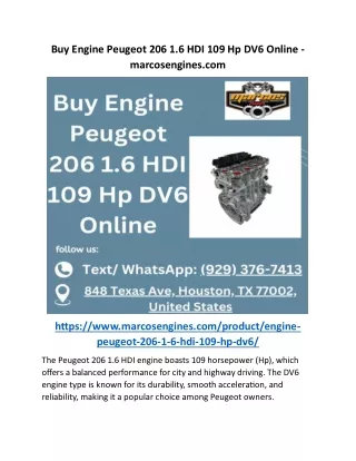 Buy Engine Peugeot 206 1.6 HDI 109 Hp DV6 Online - marcosengines.com