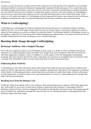 The Impact of CoolSculpting on Body Image and Self-Esteem