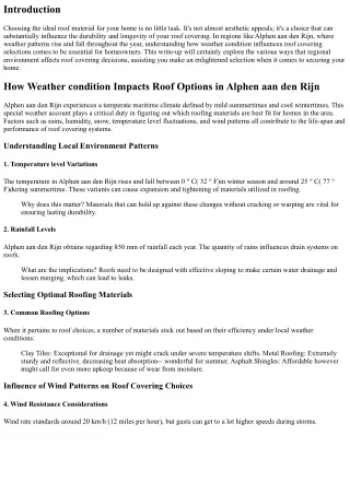 How Weather Condition Influences Roof Covering Choices in Alphen aan den Rijn