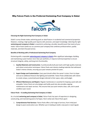 Why Falcon Pools is the Preferred Swimming Pool Company in Dubai