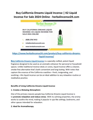 Buy California Dreams Liquid Incense K2 Liquid Incense For Sale 2024 Online - herbalincense24