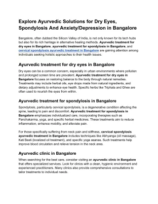 Explore Ayurvedic Solutions for Dry Eyes, Spondylosis And Anxiety_Depression in Bangalore